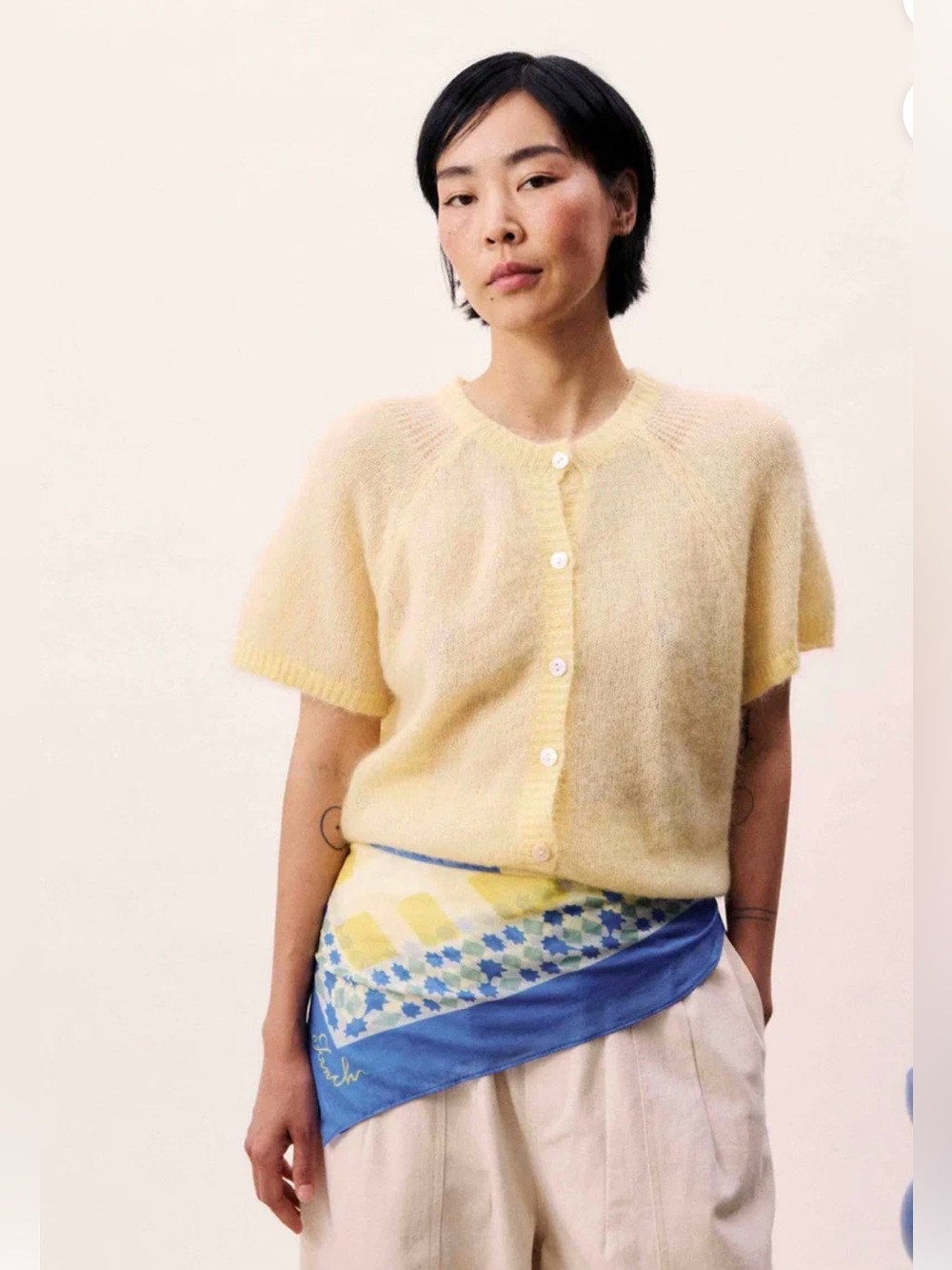 FRNCH Pale Yellow Short-Sleeve Mohair-Blend KAWASAN Butter Cardigan size small
